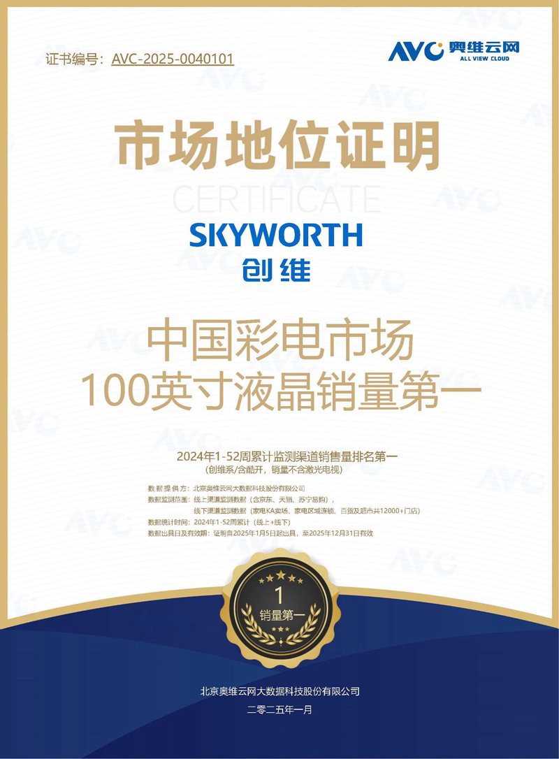 创维百吋液晶电视销量中国第一，100A4F领跑行业 智能公会